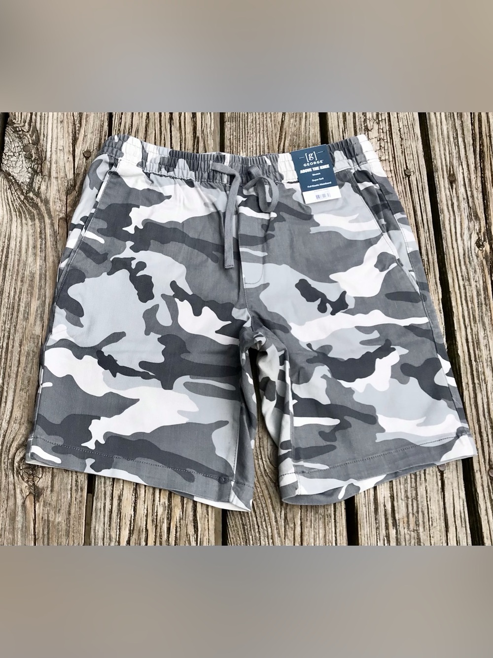 NEW Mens S 28-30 GEORGE Grey Camo Pull On Elastic Waist Camouflage Shorts
